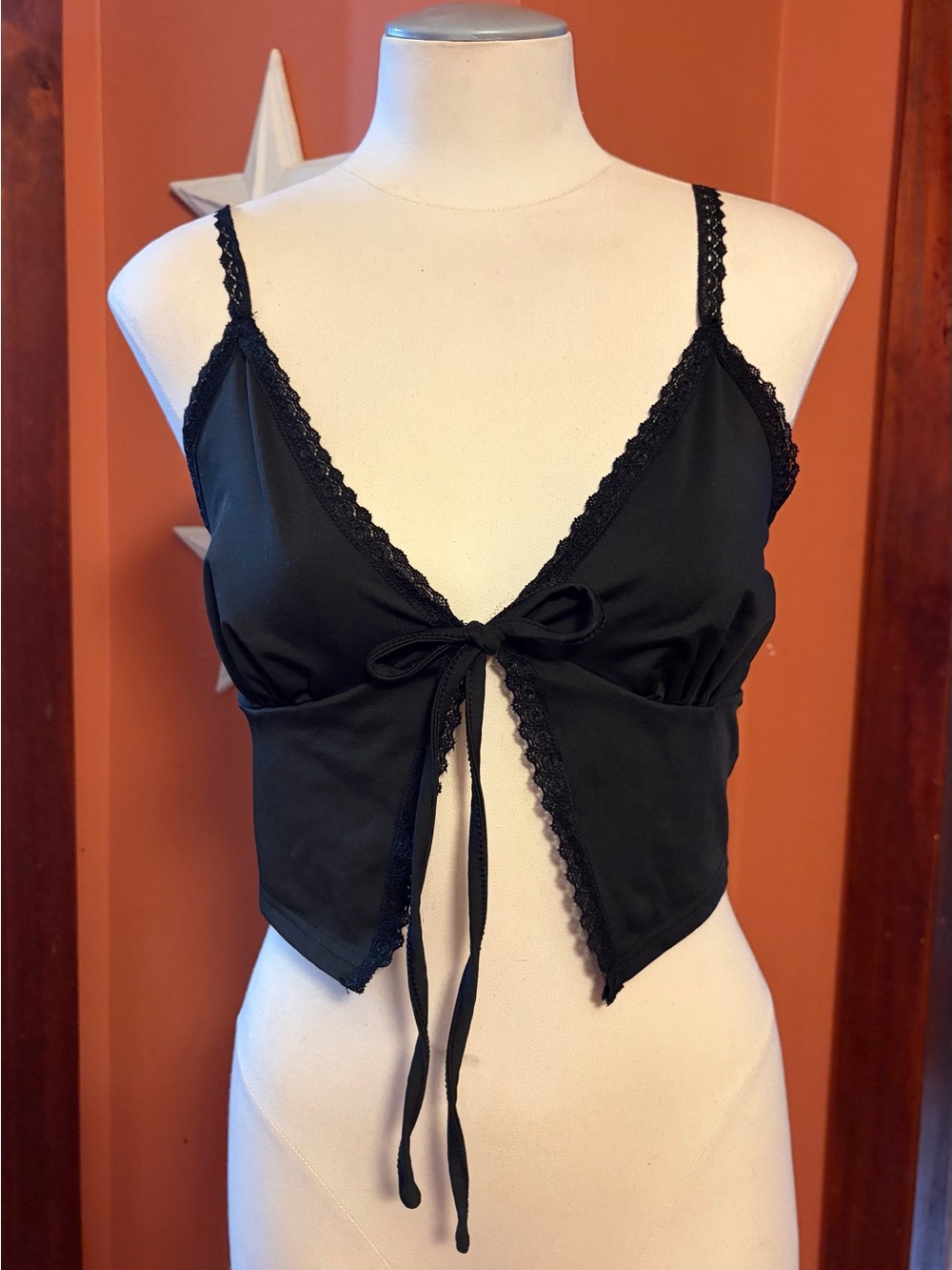 5/$25‼️Black Lace-Trim Tie-open front Top